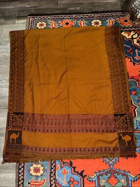 Vintage Aboelela Egypt Woven Paisley Pashmina Shawl Wrap Tan / Camel